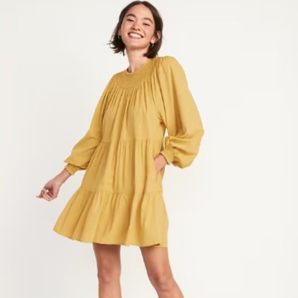 New Old Navy Long-Sleeve Tiered Smocked Embroidered Mini Swing Dress Pocket Sz L